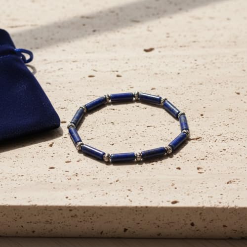 Lapis Lazuli Healing Bracelet – Real Crystal Beads for Stress Relief, Meditation & Chakra Balance – Natural Gemstone Jewelry Gift for Women & Men, Adjustable Stretch Fit - style: Tube Bead - Silver color Accent （no gift box）