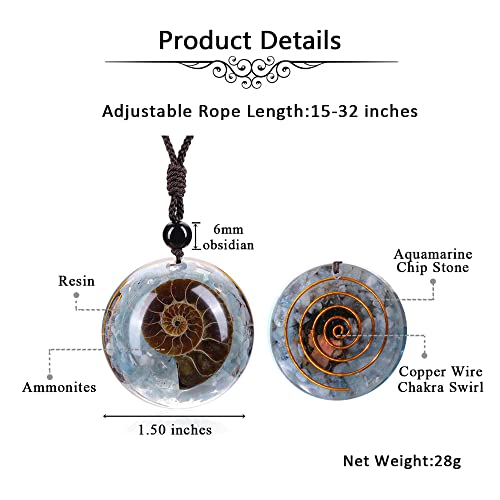 Jovivi 7 Chakra Gemstone Reki Healing Crystal Necklace Round Circle Shape Ammonite Fossil Resin Chip Stones Pendant Necklace for Women Men Life Tree Jewelry Christmas Gifts - color: Ammonite Fossil - Aquamarine