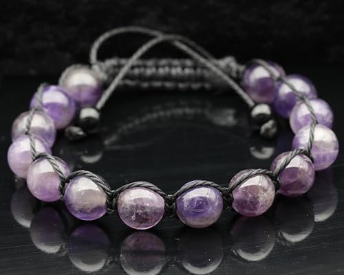 ElisaJewelryArt - Natural Black Onyx Beaded Bracelet Genuine Gemstone Strenght Crystal Macrame Bracelet Unisex Bracelet - color: Amethyst, size: MEN