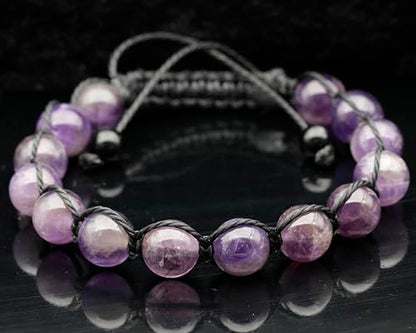 ElisaJewelryArt - Natural Black Onyx Beaded Bracelet Genuine Gemstone Strenght Crystal Macrame Bracelet Unisex Bracelet - color: Amethyst, size: MEN