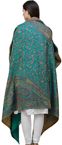 Exotic India Reversible Jamawar Shawl with Woven Paisleys - Wool - color: Proud Peacock