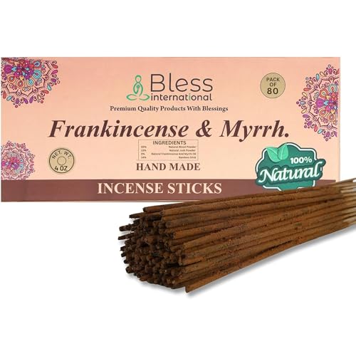 Bless-Frankincense-and-Myrrh 100%-Natural-Handmade-Hand-Dipped-Incense-Sticks Organic-Chemicals-Charcoal-Free Purification-Relaxation-Positivity-Yoga-Meditation Best-Woods-Scent (80 Sticks (4.20 OZ))