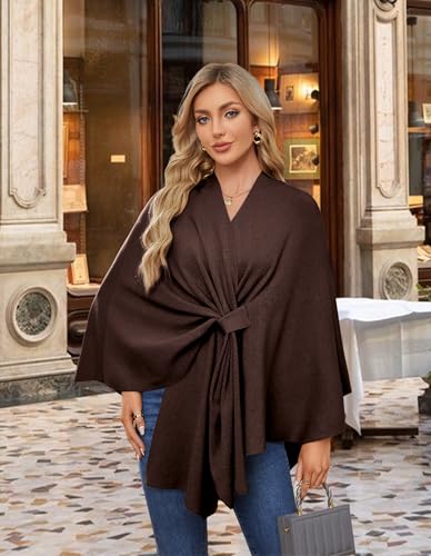 PULI Women's Elegant Shawl Wraps Soft Open Front Poncho Sweater for Spring Fall Winter - color: Front Tab-caramel