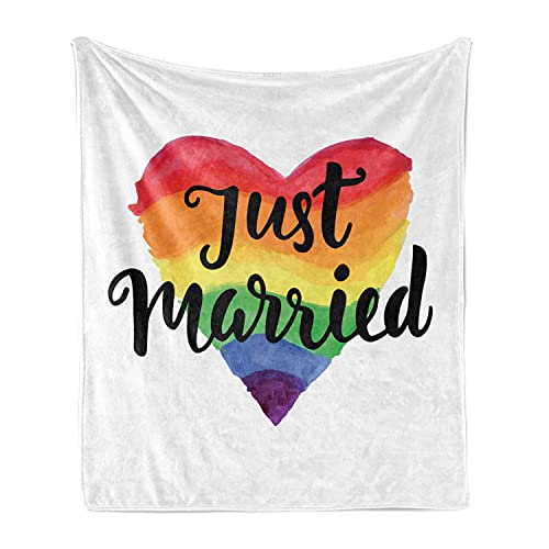 Lunarable Just Married Soft Flannel Fleece Throw Blanket, Just Married Phrase on Watercolor Style Rainbow Heart Gay Rights Wedding Theme, Cozy Plush for Indoor and Outdoor Use, 50" x 60", White Orange - color: White Orange, size: 50" x 60"