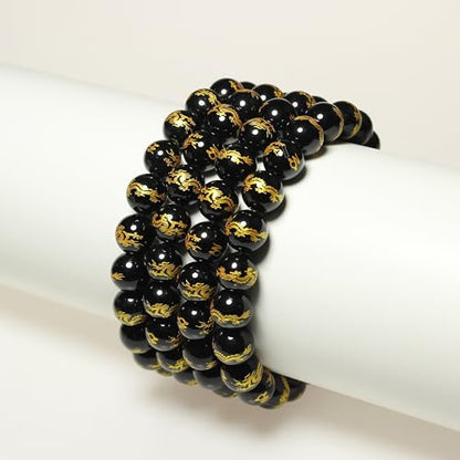 MJDCB Natural Stone Beads 8mm 43pcs Round Black Onyx Carved Dragon Loose Gemstone Bead Charms for Jewelry Making Bracelet Necklace Earring Pendant - color: Black Onyx Carved Dragon, size: 8mm