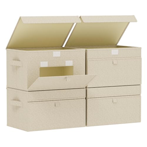 Fabric Storage Boxes, Closet Organizer with Handles, Basket Bins with Flip Cover, Cube Organization for Clothes, Shoes, Blankets, 13x9.1x7.9in, Grey and Beige, 4 Pack - color: Beige/Gray, size: 13x9.1x7.9 in(4 Pack)