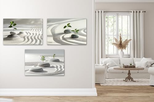 3 Panels Zen Wall Art, Stone and Green Leaf Pictures Zen Wall Decor Canvas Print, Yoga Spa Meditation Painting Calming Home Decorations Artwork for Spiritual Room Office Living Room Bedroom Bathroom