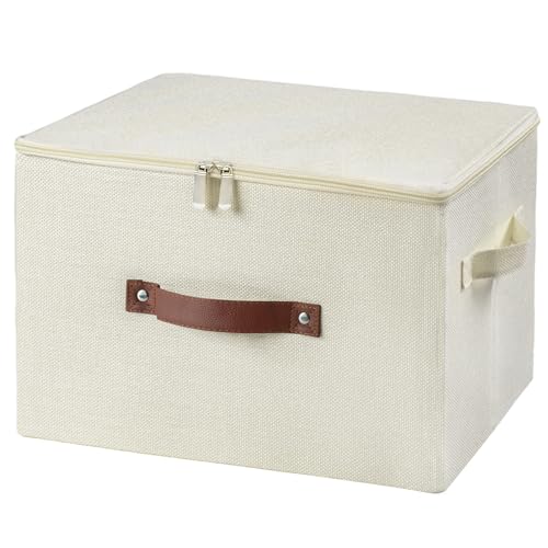 Storage Bins with Zipper Lid Foldable Fabric Lidded Storage Boxes Baskets Cubes Washable Collapsible PU Leather Handle Cotton Linen Fabric Shelf Closet Organizer Container(Beige, Large Size) - color: Beige, size: Large ( Set of 1 )