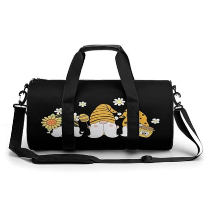 Sunflower Bee Cute Cartoon Gnome Black Cylindrical Portable Fitness Bag, Large Capacity Handbag - color: Sunflower Bee Cute Cartoon Gnome Black