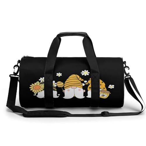 Sunflower Bee Cute Cartoon Gnome Black Cylindrical Portable Fitness Bag, Large Capacity Handbag - color: Sunflower Bee Cute Cartoon Gnome Black