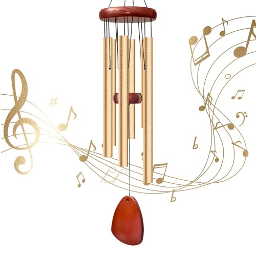 28" Wind Chimes for Outside. Deep Tone Lovely Wind Chimes with 6 Aluminum Tubes Courtyard Decoration. Windchimes Outdoor Create an Enjoyable Atmosphere & Give Mom a Gift（Gold） - color: Gold