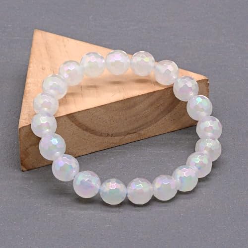 Justinstones Gemstone Crystals Chakra Beads Bracelet Crystal Healing 10mm Round Stretchable Bracelet for Her Gift - color: Faceted Electroplated White Agate（AB color）