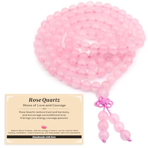 AD Beads 6mm 8mm 108 Prayer Mala Jasper Elastic Bracelet - Handmade Yoga Meditation Healing Power Energy Gifts for Unisex Adult. - color: Rose Quartz (Courage)