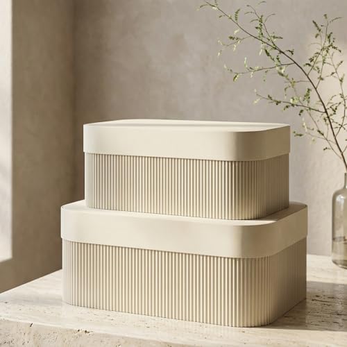 ZICOTO Decorative Storage Boxes with Lids - Set of 2 Beautiful Fluted Photo Organizer Bins for Your Home Bookshelf Decor to Safely Store Your Documents, Memory Box Items and Other Keepsakes in Style - color: Beige