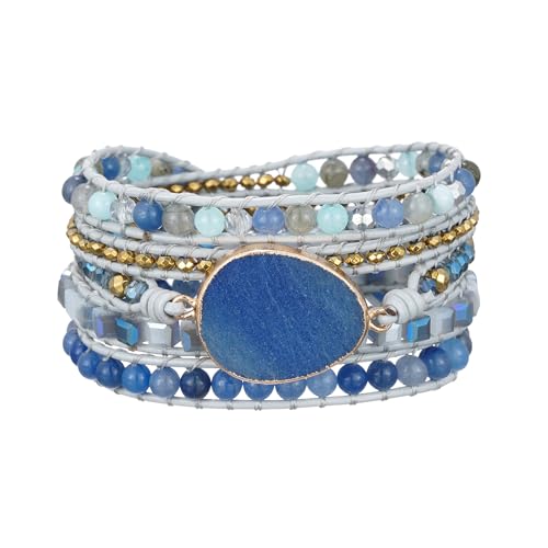Plumiss Women Boho Handmade Natural Stone Crystal Leather Bead Wrap Bracelets Collection - style: Blue Aventurine 5W