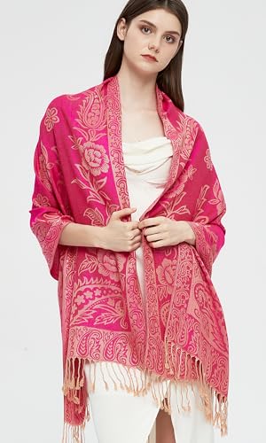 Pashmina Shawl Wrap with Ethnic Paisley Two Tone Jacquard Scarf for Women - color: Paisley-fuchsia