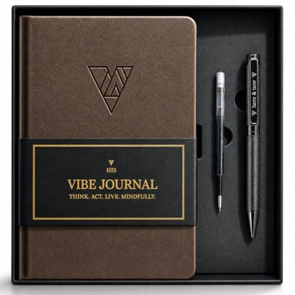 Journal & Pen Set for Men | Guided Mindfulness Journal with Brass Pen | 13-Week Self Mastery System for Gratitude, Reflection & Self Improvement | A5 Vegan Leather | Premium Gift Box - style: With Pen