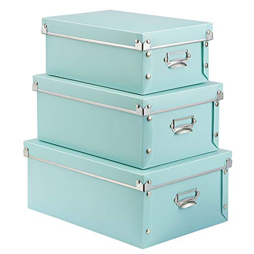 SEEKIND Foldable Storage Box with Lids and Handles Decorative, 3 in 1 Set, Multiple Size Plastic Box for Clothes, Cosmetic, Books … - color: B-Green
