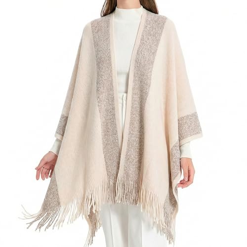 ZLYC Women's Shawl Golden Trim Knit Blanket Wrap Fringe Poncho Coat Cardigan - color: Khaki