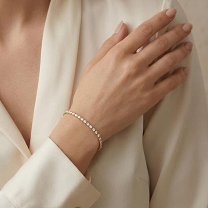 3mm Diamond Classic Tennis Bracelet for Women Dainty, Gold Jesus Cross Bracelets Trendy, 14K Gold Plated Heart/Evil Eye/Pearl/Starfish & Seashell Charm Bracelets for Women Bulk - style: Gold Tennis