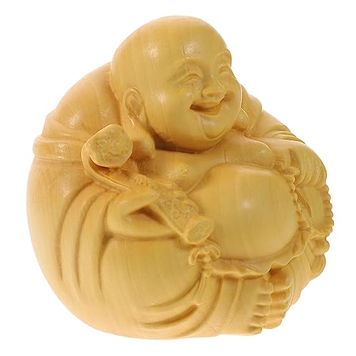 Hand-held Wooden Maitreya Buddha Adornment Buddhist Decor Small Tabletop Sculpture - color: Yellow