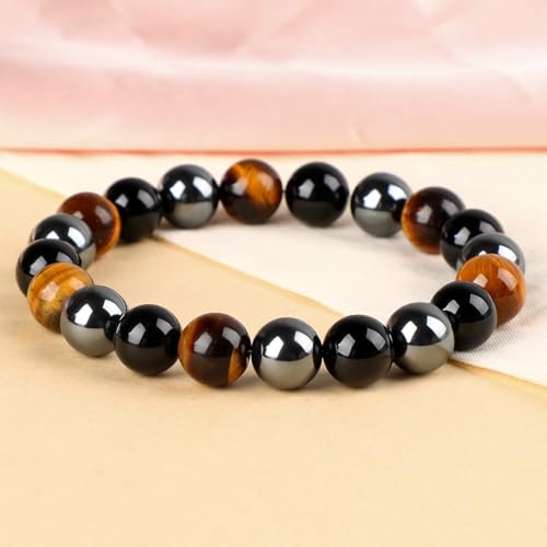 LPBeads Handmade Natural Gemstone Stretch Elastic Bracelet Healing Crystal Round Stone Beads Jewelry Gifts for Women Men - color: Onyx Tiger Hematite Mixed, size: 10mm