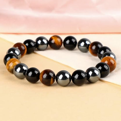 LPBeads Handmade Natural Gemstone Stretch Elastic Bracelet Healing Crystal Round Stone Beads Jewelry Gifts for Women Men - color: Onyx Tiger Hematite Mixed, size: 10mm