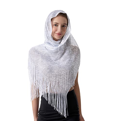 vimate Sparkling Metallic Shawls and Wraps for Evening Party/Wedding/Formal Dresses (With Free Buckle) - color: F1#. White (With Silver Buckle)