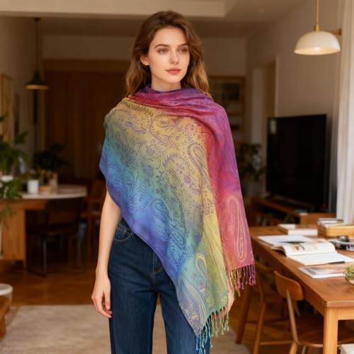 Rave Pashmina Scarf, Fashion Colorful Shawls and Wraps Soft Festival Scarves - color: D-purple (Paisley Pattern)