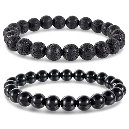 Bivei Natural Gemstone Semi Precious Healing Crystals Handmade Stretchy Round Beads Bracelet,Stocking Stuffers for Women Enhance Positive Energy - color: 8mm Lava Stone & Black Obsidian (Protection), size: Medium: 6.8-7.24 inch