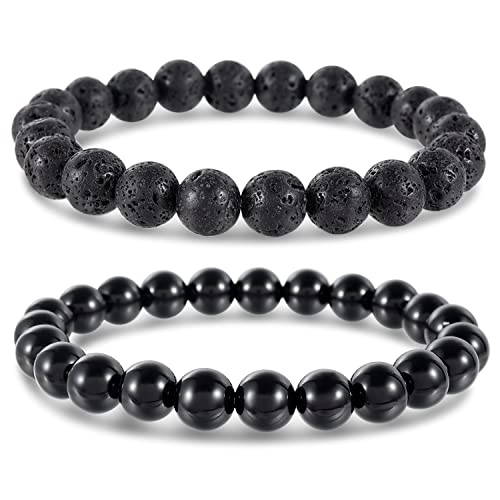 Bivei Natural Gemstone Semi Precious Healing Crystals Handmade Stretchy Round Beads Bracelet,Stocking Stuffers for Women Enhance Positive Energy - color: 8mm Lava Stone & Black Obsidian (Protection), size: Medium: 6.8-7.24 inch