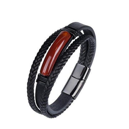 Mens Black Leather Obsidian/Turquoise/Tiger Eye/Red Agate Bracelet–Braided Multi‑Layer Wristband Cuff Bangle Bracelet with Stainless Steel Clasp Gift Jewelry Box Included - color: Red Agate, size: 8.3in(Fits most wrists)