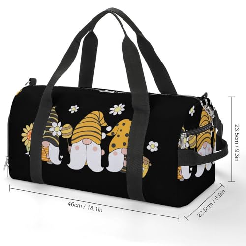 Sunflower Bee Cute Cartoon Gnome Black Large Capacity Portable Fitness Bag, Easy to Carry - color: Sunflower Bee Cute Cartoon Gnome Black
