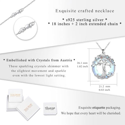 TOUPOP Tree of Life Necklace Gifts for Women 925 Sterling Silver Family Tree Pendant with Crystal Birthday Irish Jewelry Gifts for Women Her Wife Mom - color: 04-White Gold-Moonstone