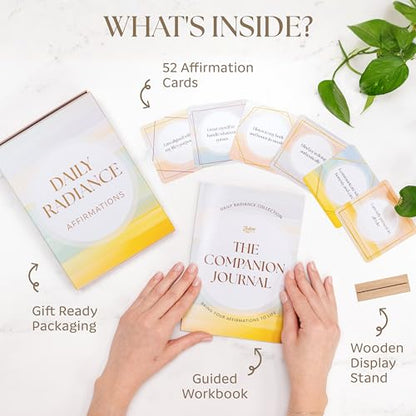 Affirmation Cards for Women with Guided Journal – 52 Positive Affirmations Cards, Wooden Stand & Daily Reflection Workbook, Mindfulness Cards for Desk, Self Care and Motivational Gift Set