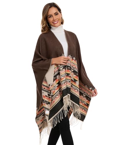Shawl Wraps for Women, Elegant Knitted Cape Open Front Poncho Scarf Blanket Cardigan Coat for Spring, Autumn, and Winter - color: Brown Beige