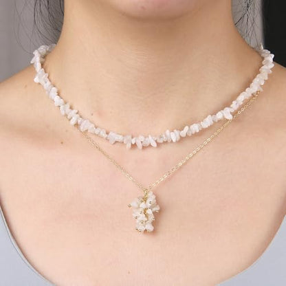 2Pcs Crystal Necklace for Women Handmade Choker Necklaces Pendant Necklace Natural Stone Gemstone Beaded Necklace 18k Gold Plated Adjustable Dainty Necklace for Women - color: Moonstone