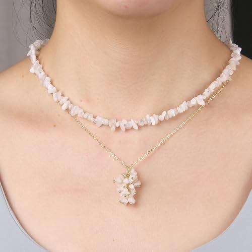 2Pcs Crystal Necklace for Women Handmade Choker Necklaces Pendant Necklace Natural Stone Gemstone Beaded Necklace 18k Gold Plated Adjustable Dainty Necklace for Women - color: Moonstone
