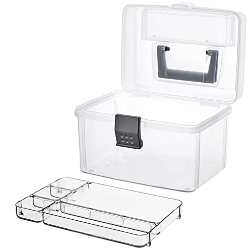 MyGift 10 Inch Premium Clear First Aid Kit Bin with Detachable Tray and Gray Top Handle, Portable Emergency Kit, Medical Supply Travel Tote, Medicine Storage Box Container - color: Gray