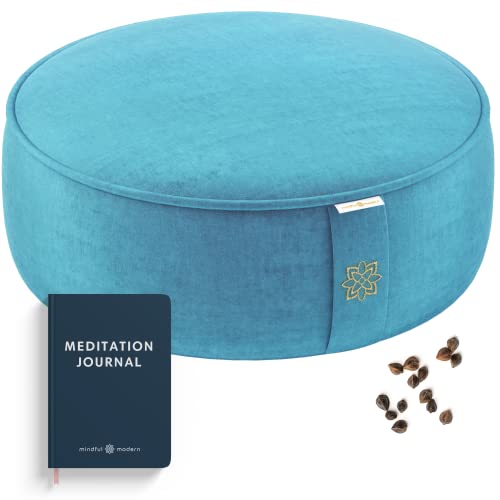Mindful Modern Velvet Meditation Cushion | Luxe Zafu Yoga Floor Pillow Seat | Posture Support | Buckwheat Hull Filled | Large Round Cushion with Removable Washable Cover + Carry Handle