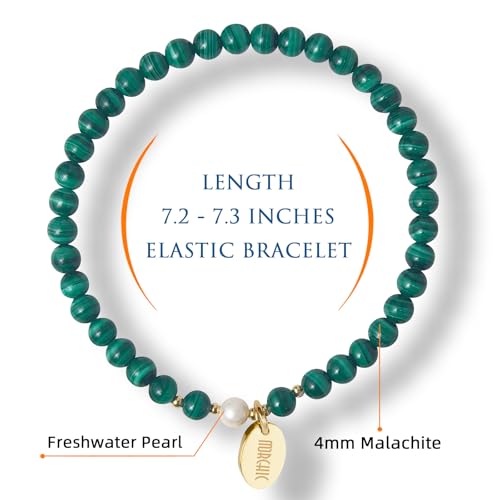 Morchic 4mm Natural Gemstone Beads Stretch Bracelet for Women, With Freshwater Pearls, Energy Gem Birthday Gift for Her 7.2” - color: Malachite