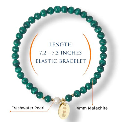 Morchic 4mm Natural Gemstone Beads Stretch Bracelet for Women, With Freshwater Pearls, Energy Gem Birthday Gift for Her 7.2” - color: Malachite