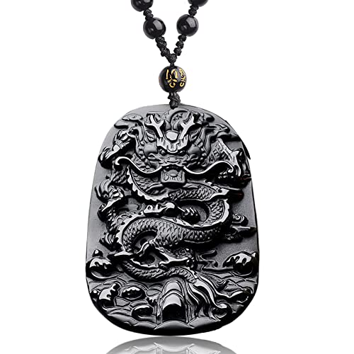 Black Obsidian Necklace Natural Crystal Amulet Protection Pendant with Adjustable Rope Lucky Talisman Necklaces Jewelry Gift for Men Women - color: Dragon