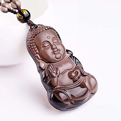 Natural black obsidian rainbow obisidan ice obsidian Maitreya launghing buddha necklace Amulet pendant bead chain - color: Ice obsidian baby buddha