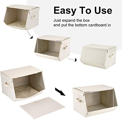 Set of 2 Stackable storage bins,Linen Fabric Foldable Storage Organizer Cubes Box whits Lids and Own-Handle Storage Organizer Bins for Home Office Nursery Living Room Beige 15x10.5 x10inch
