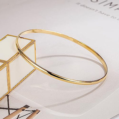 Minimalist Original 925 Sterling Silver Banglest Women Stackable Bracelet 2MM 65mm Jewelry Gift (Gold Color 1 Piece C Style, Diameter 65MM)
