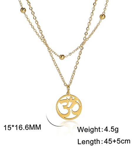 UNIFT Necklace For Women- Aum Om Ohm Sanskrit Symbol Round Pendant Beaded Double Layer Chain Charm Necklace,Hinduism Yoga Sanskrit Personalized Amulet Dainty Pendant Necklace Jewelry - color: gold