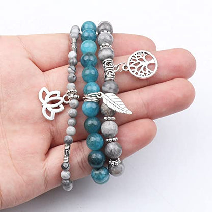 Tree of Life Yoga Healing Stone Bracelets,Multilayer Lotus Chakra Stone Reiki Bracelet Sets,Anxiety Crystal Natural Stone,for Women Stress Relief - style: Grey Map Jasper+apatite