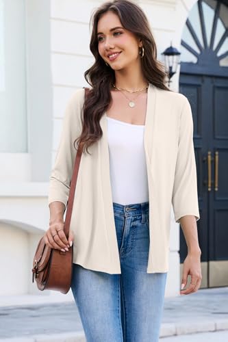 Yekaty 3/4 Sleeve Cardigan for Women Lightweight Thin Open Front Summer Soft Drape Cardigans - color: Cream, size: Small