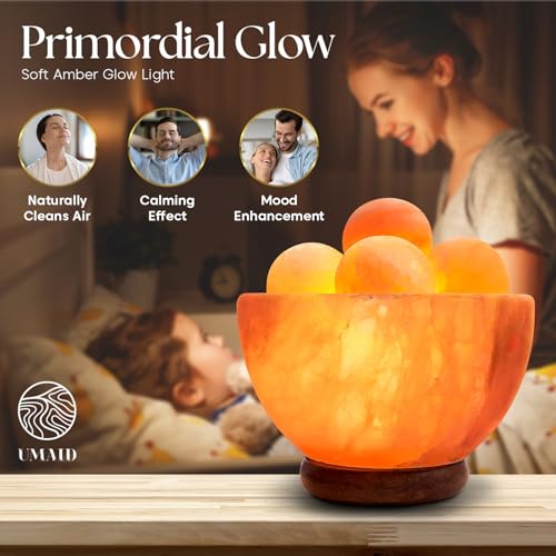 UMAID Himalayan Salt Lamp Bowl with 6 Himalayan Salt Massage Stones, Dimmable Pink Rock Salt Lamp for Bedroom, Office Desk & Meditation Room, Spa Decor, Relaxation Home Decor Gifts for Men & Women - style: Massage Bowl